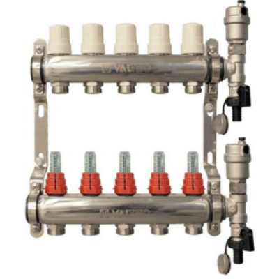 Коллектор теплого пола Valtec 1" 5x3/4" из нержавеющей стали с термостатическими клапанами и расходомерами