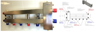 Коллектор отопления с гидрострелкой Gidruss BMSS-100-3D из нержавеющей стали (до 100 кВт, 3 контура вниз, G 1'' НР, вход G 1 1/4'' НР Межосевое расстояние 125 мм